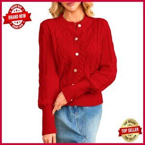 Chunky Cable Knit Cardigan Sweater Button Front Long Sleeve Loose Fit